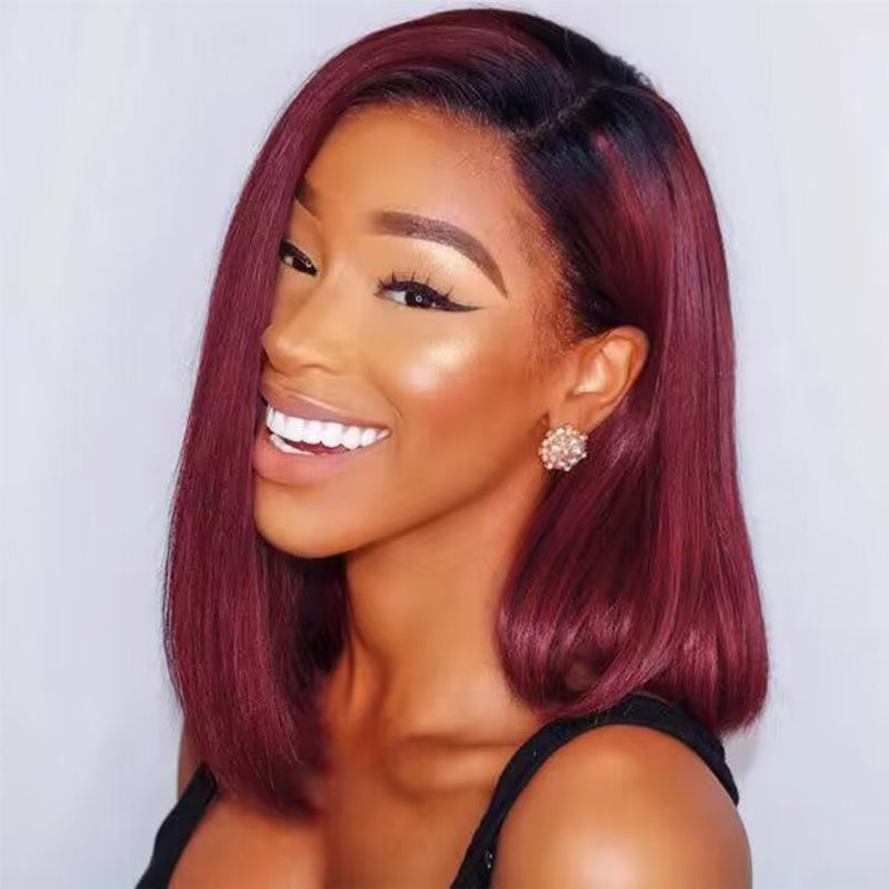 Firieya Ombre T1B/99J Burgundy Short Straight Bob HD Transparent Lace Wig 100% Virgin Human Hair