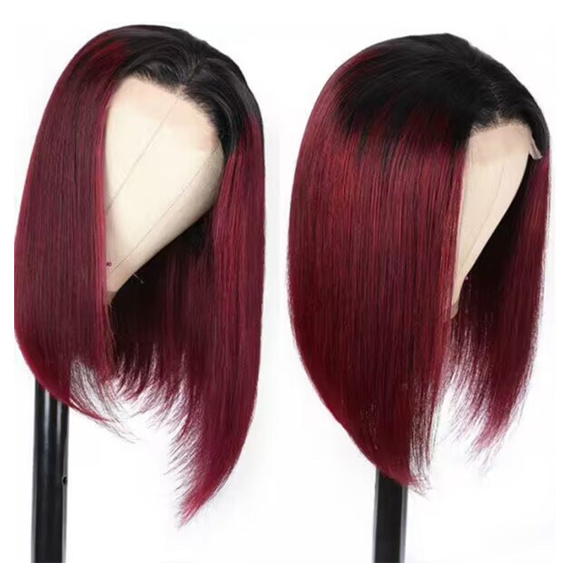 Firieya Ombre T1B/99J Burgundy Short Straight Bob HD Transparent Lace Wig 100% Virgin Human Hair