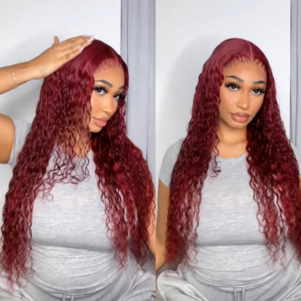 Firieya 99J Burgundy Water Wave Pre plucked Full HD Lace Front Wig Wet & Wavy Colored Lace Frontal Human Hair Wigs