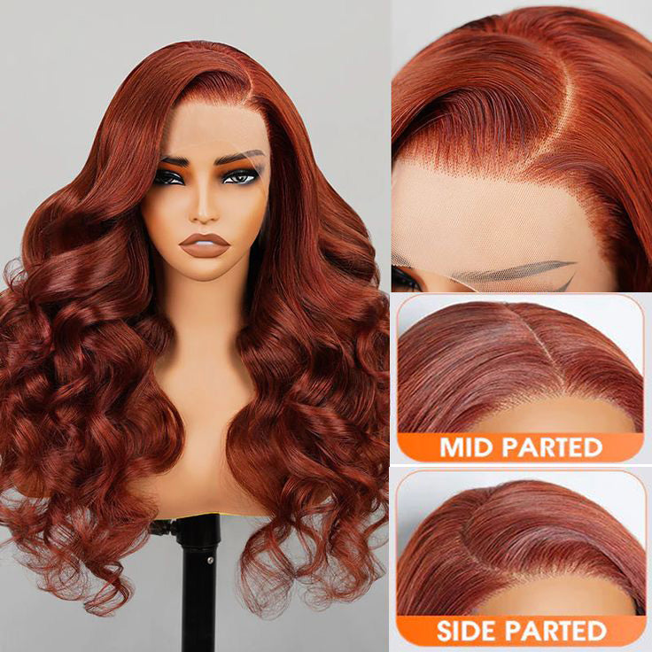 Firieya Reddish Brown Body Wave 13x4 Lace Front Wig Human Hair  Natural Density Auburn Copper Color