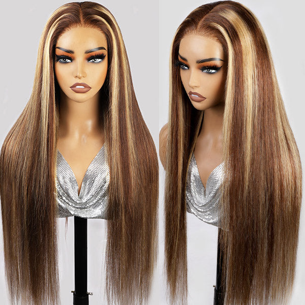 Firieya Ombre Straight P4/27 highlight Honey Blonde Balayage Color 13x4 Lace Front Wigs Pre Plucked Human Hair Wig