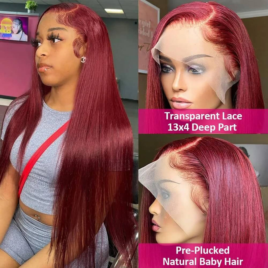 Firieya Straight Burgundy Hair Transparent 13x4 Lace Front Wig Pre Plucked Human Hair Wigs