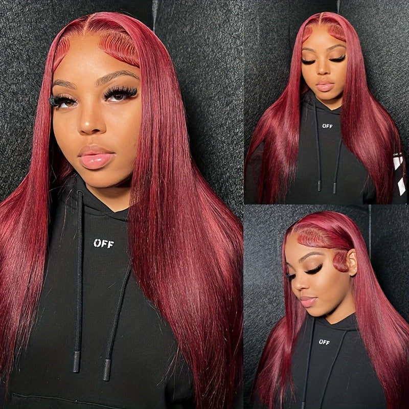 Firieya Straight Burgundy Hair Transparent 13x4 Lace Front Wig Pre Plucked Human Hair Wigs