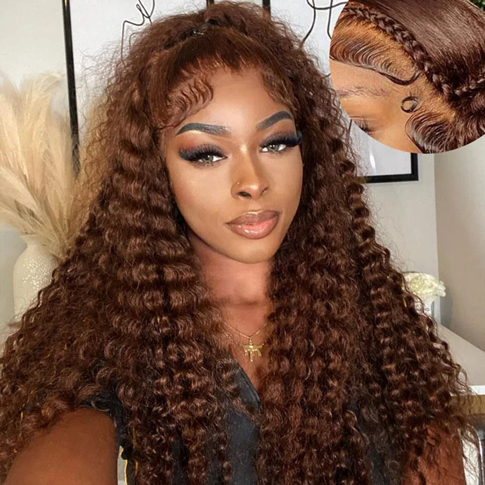 Firieya #4 Brown Colored Deep Wave Lace Front Wig 13x4 Transparent Lace Frontal Wig Pre-Plucked Human Hair Wig