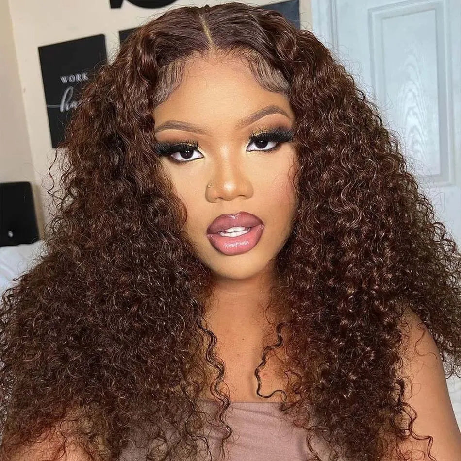 Firieya #4 Brown Colored Deep Wave Lace Front Wig 13x4 Transparent Lace Frontal Wig Pre-Plucked Human Hair Wig