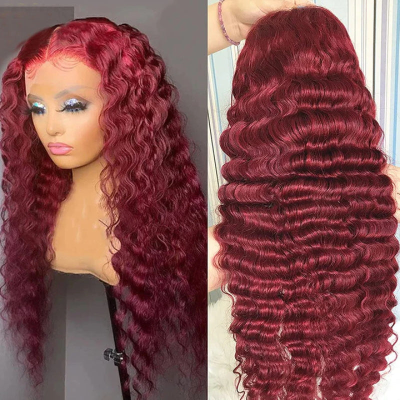 Firieya 99J Burgundy Deep Wave 13x4 Lace Front Wigs for Women Pre Plukced with Baby Hair Deep Curly Human Hair Wigs