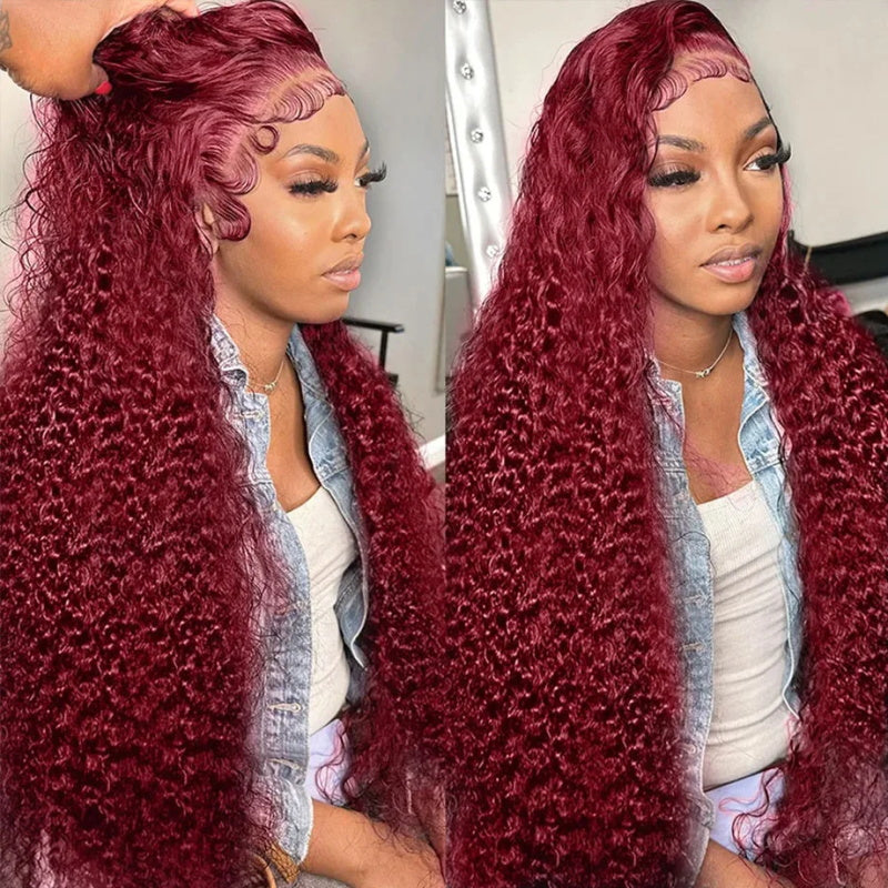 Firieya 99J Burgundy Deep Wave 13x4 Lace Front Wigs for Women Pre Plukced with Baby Hair Deep Curly Human Hair Wigs