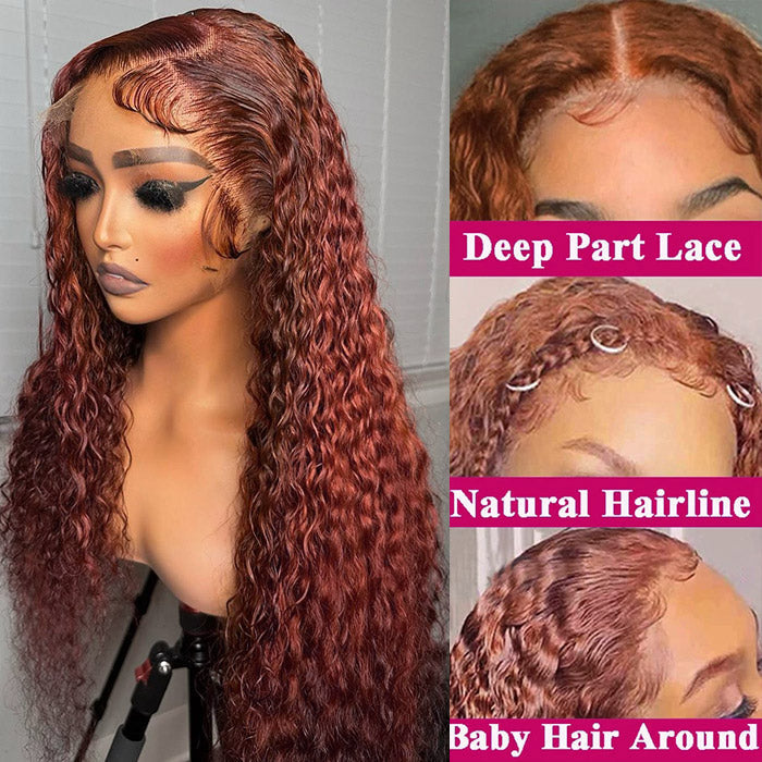 Firieya Reddish Brown Lace Front Human Hair #33 Color Glueless Curly Wig 13x4 HD Lace Frontal Wig