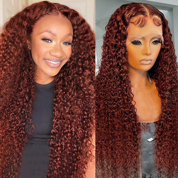 Firieya Reddish Brown Lace Front Human Hair #33 Color Glueless Curly Wig 13x4 HD Lace Frontal Wig