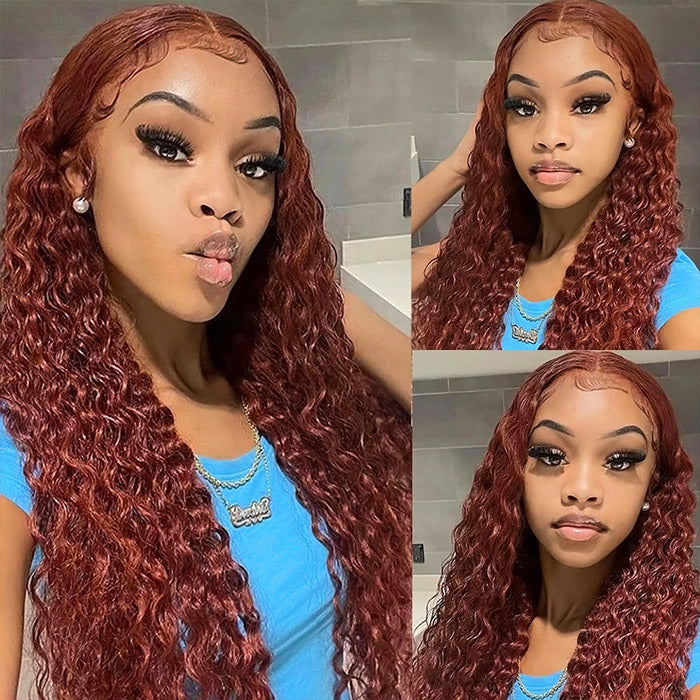 Firieya Reddish Brown Lace Front Human Hair #33 Color Glueless Curly Wig 13x4 HD Lace Frontal Wig