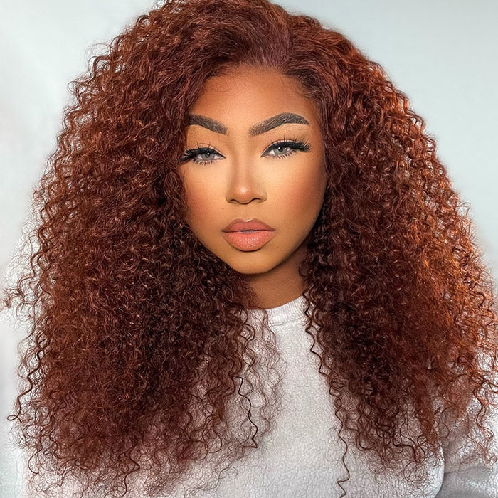 Firieya Reddish Brown Lace Front Human Hair #33 Color Glueless Curly Wig 13x4 HD Lace Frontal Wig