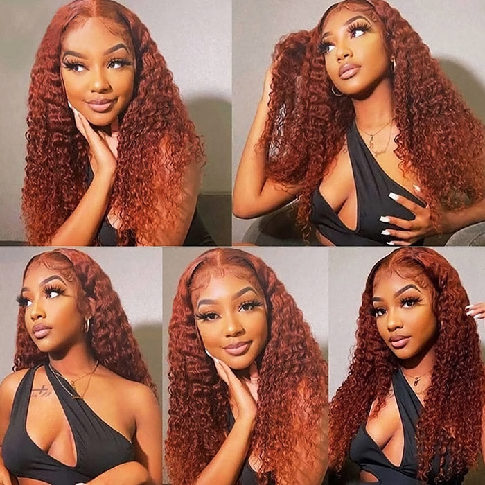 Firieya Reddish Brown Lace Front Human Hair #33 Color Glueless Curly Wig 13x4 HD Lace Frontal Wig