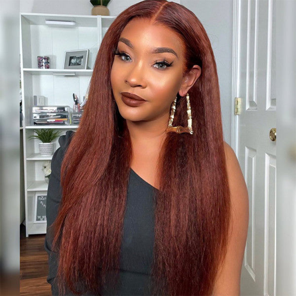 Firieya #33 Reddish Brown Kinky Straight 13x4 Lace Front Soft Wigs for Black Women Human Hair Wig