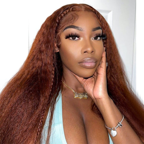 Firieya #33 Reddish Brown Kinky Straight 13x4 Lace Front Soft Wigs for Black Women Human Hair Wig