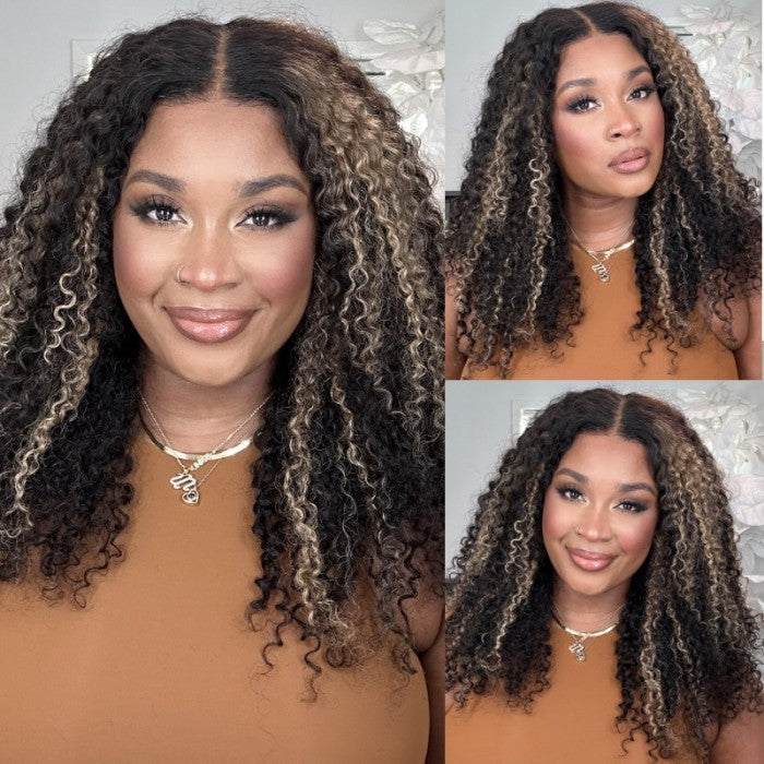 Firieya Balayage Blonde Highlights #1B/27 Kinky Curly 13x4 Lace Front Wig Precolored Ombre Hair