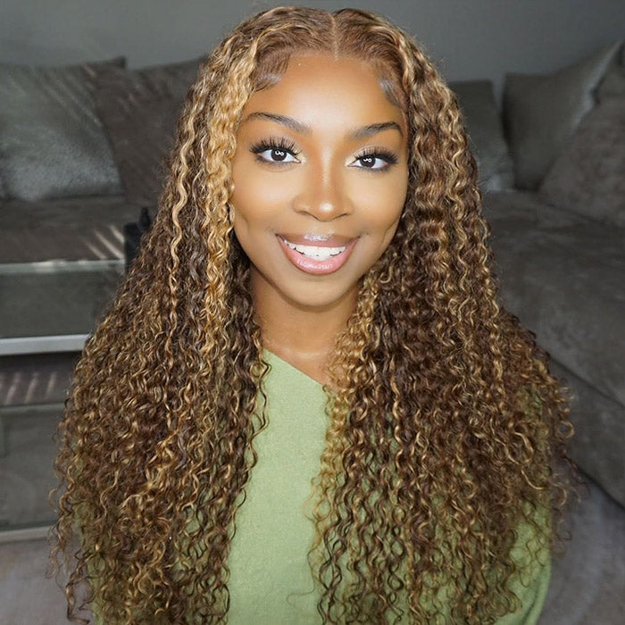 Firieya #4/27 Highlight Brown With Blonde Kinky Curly 13x4 HD Lace Frontal Wig With Baby Hair Pre-plucked Natural Hairline