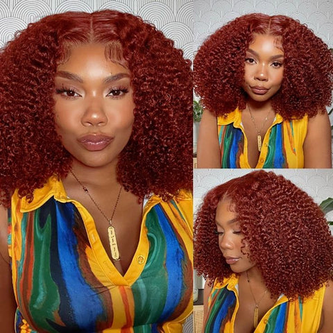 Firieya Reddish Brown Kinky Curly 13x4 HD Transparent Lace Front Wigs Auburn Copper Red Colored Wig for Black Women