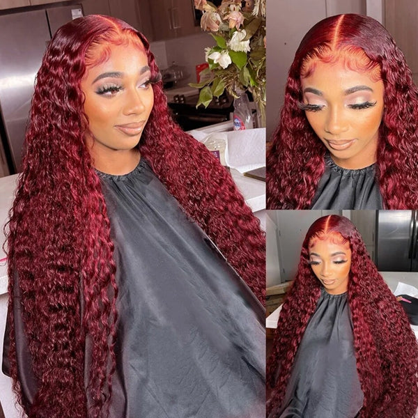 Firieya 99J Burgundy Water Wave 13x4 Pre plucked HD Lace Front Wig  Wet & Wavy Colored Lace Frontal Human Hair Wigs