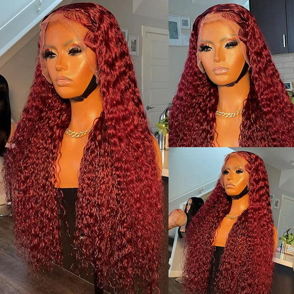 Firieya 99J Burgundy Water Wave 13x4 Pre plucked HD Lace Front Wig  Wet & Wavy Colored Lace Frontal Human Hair Wigs