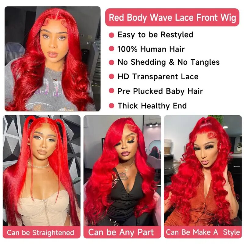 Firieya Glueless Red Lace Front Wig Body Wave 13x4 HD Transparent Lace Colored Human Hair Wigs