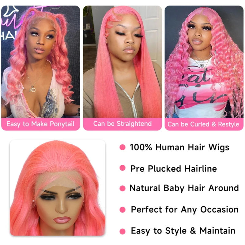 Firieya 13x4 Pink Body Wave Lace Front Wig Pre-plucked Body Colored Human Hair Wigs