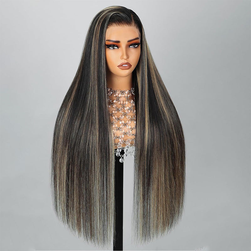 Firieya 1B/27 Highlight Black Blonde Straight Wigs 5x5 Lace Closure Wig Pre-plucked Glueless Straight Human Hair Wig