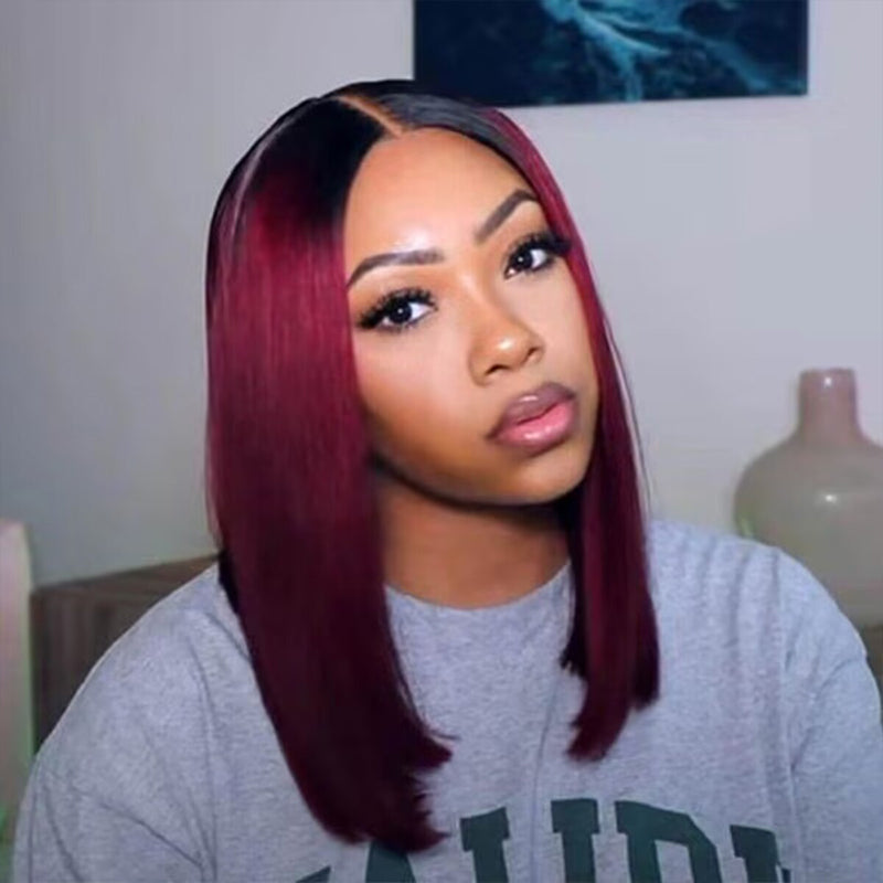 Firieya Ombre T1B/99J Burgundy Short Straight Bob HD Transparent Lace Wig 100% Virgin Human Hair