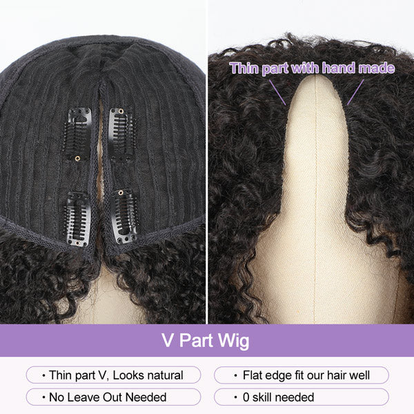 Firieya Kinky Curly V Part Wig No Leave Out Thin Part Glueless Wigs Human Hair Wig