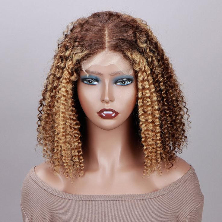 Firieya #4/27 Highlight Brown With Blonde Kinky Curly 4x4 HD Lace Closure Wig With Baby Hair Pre-plucked Natural Hairline