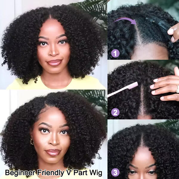 Firieya Kinky Curly V Part Wig No Leave Out Thin Part Glueless Wigs Human Hair Wig