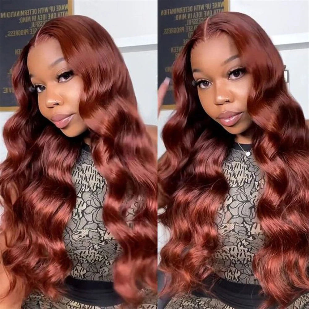 Firieya Reddish Brown Body Wave 4x4 Lace Closure Wig Human Hair  Natural Density Auburn Copper Color