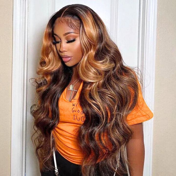 Firieya 4x4 Lace Honey Blonde HD Lace Closure Body Wave Wig Piano Highlights Human Hair Wigs