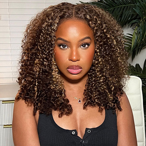 Firieya #4/27 Highlight Brown With Blonde Kinky Curly 4x4 HD Lace Closure Wig With Baby Hair Pre-plucked Natural Hairline