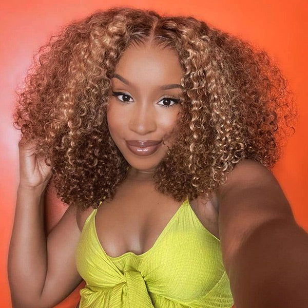 Firieya #4/27 Highlight Brown With Blonde Kinky Curly 4x4 HD Lace Closure Wig With Baby Hair Pre-plucked Natural Hairline