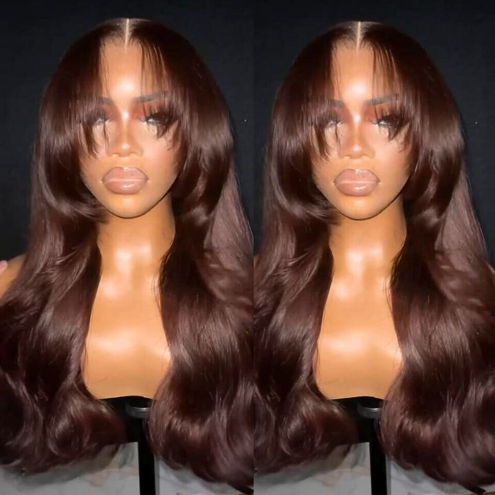 Firieya Chestnut Brown Color with Curtain Bangs 13X4 HD Lace Front Wigs Human Hair