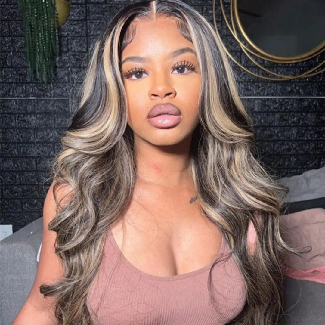 Firieya Balayage Honey Blonde Highlight Body Wave 5x5 Glueless HD Lace Closure Wigs 1B/27 Colored Human Hair Wigs