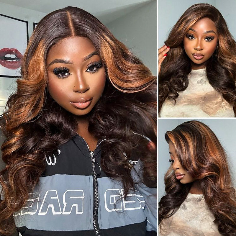 Firieya Honey Blonde Wigs Highlight Ombre 1B/30 5x5 Body Wave Lace Closure Wigs Pre Plucked Human Hair Wig