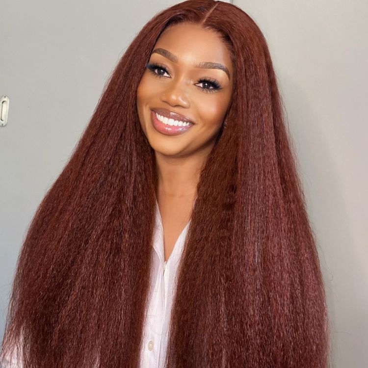 Firieya #33 Reddish Brown Kinky Straight 5x5 Lace Closure Soft Wigs for Black Women Human Hair Wig