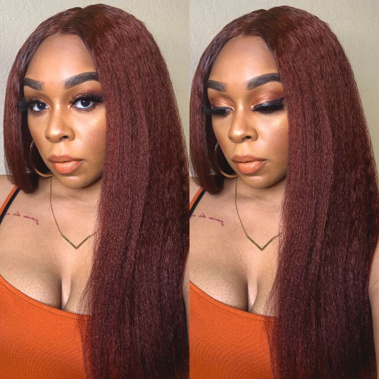 Firieya #33 Reddish Brown Kinky Straight 5x5 Lace Closure Soft Wigs for Black Women Human Hair Wig