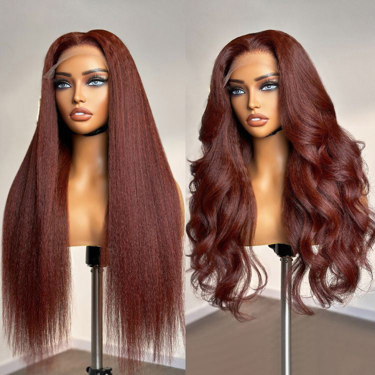 Firieya #33 Reddish Brown Kinky Straight 5x5 Lace Closure Soft Wigs for Black Women Human Hair Wig