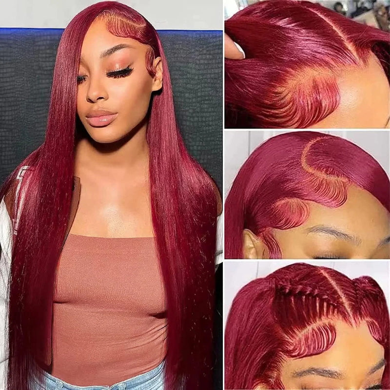 Firieya Straight Burgundy Hair Transparent 5x5 Lace Closure Wig Pre Plucked Human Hair Wigs