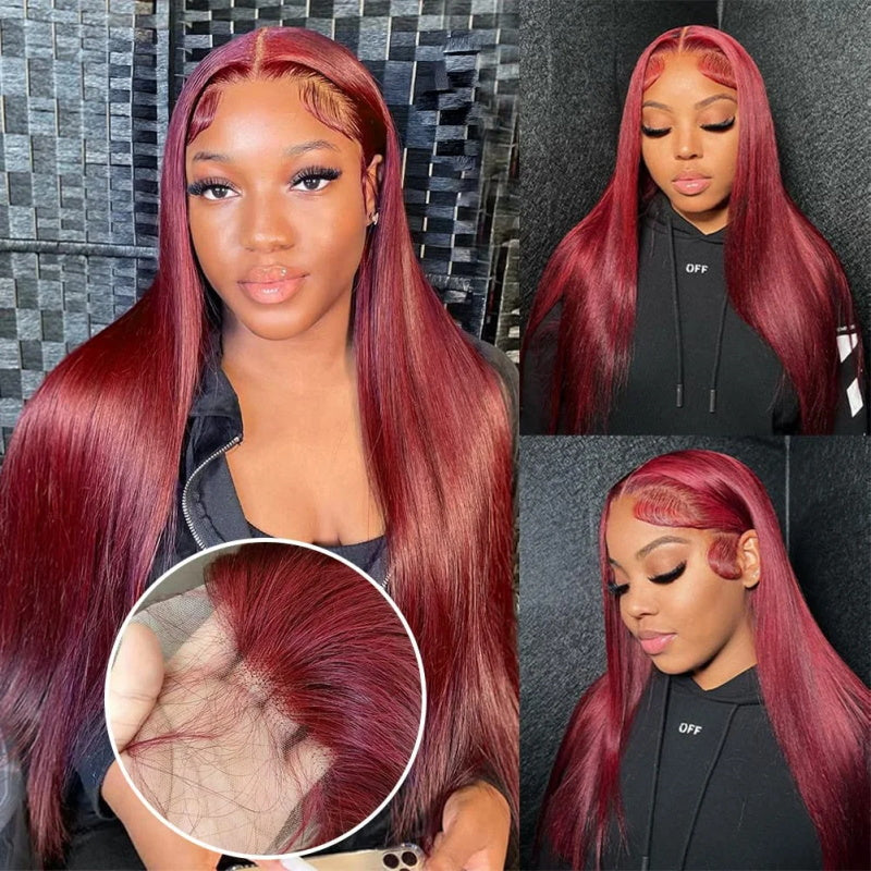 Firieya Straight Burgundy Hair Transparent 5x5 Lace Closure Wig Pre Plucked Human Hair Wigs