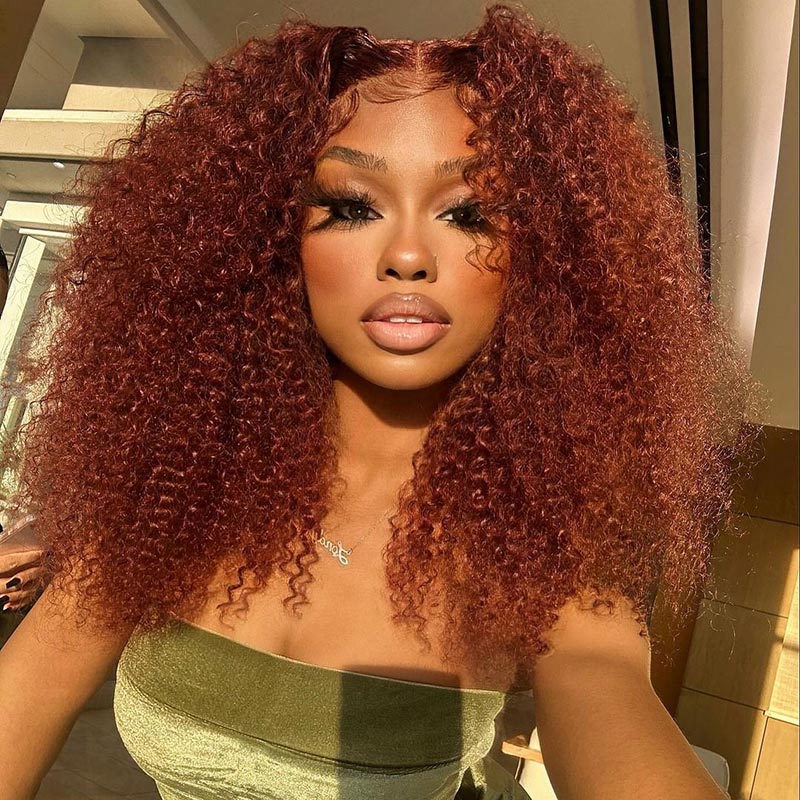 Firieya Reddish Brown Kinky Curly 5x5 HD Transparent Lace Closure Wigs Auburn Copper Red Colored Wig for Black Women