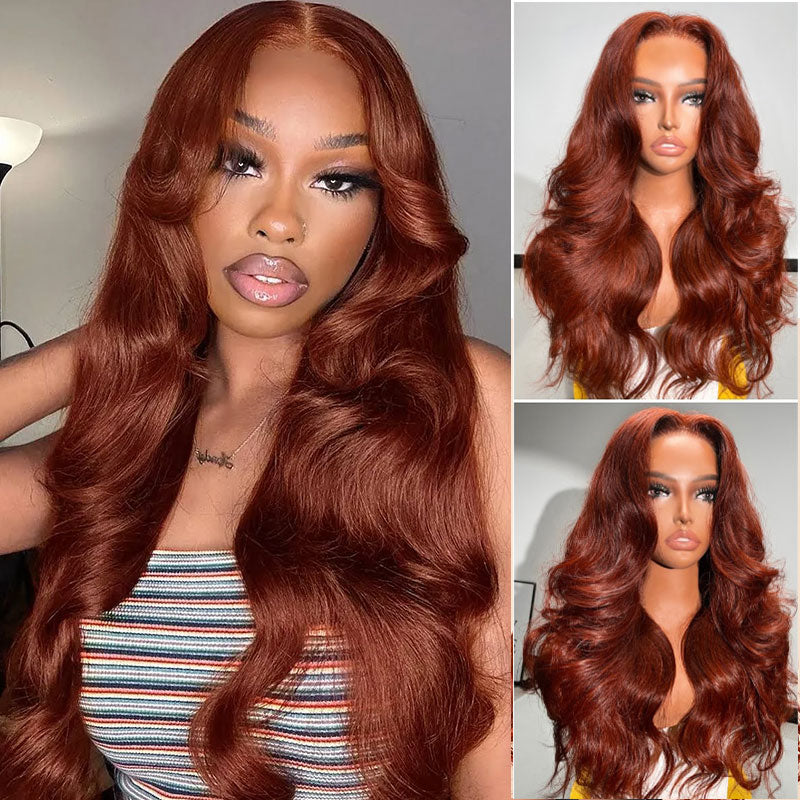 Firieya Reddish Brown Body Wave 5x5 Lace Closure Wig Human Hair  Natural Density Auburn Copper Color