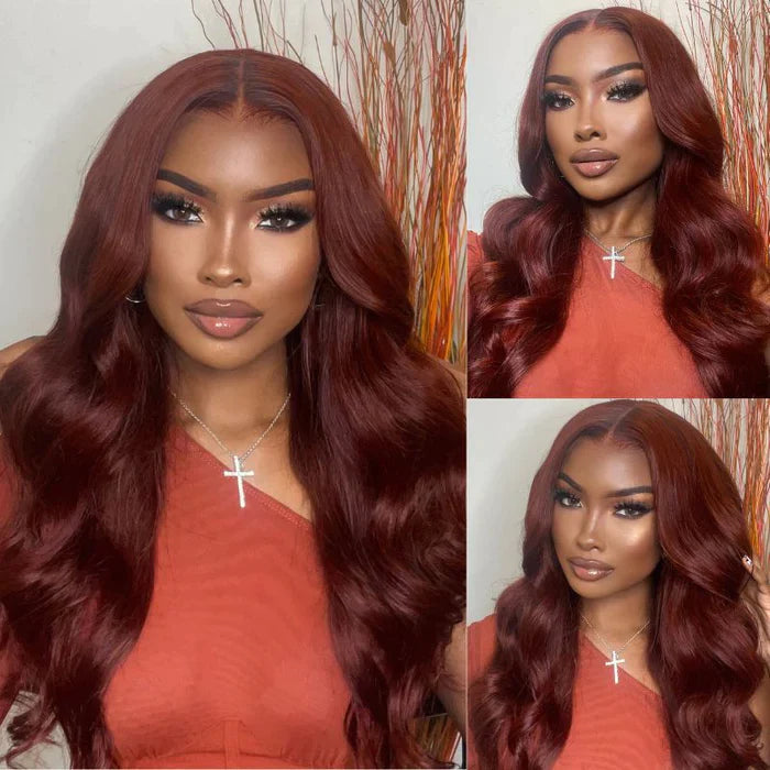 Firieya Reddish Brown Body Wave 5x5 Lace Closure Wig Human Hair  Natural Density Auburn Copper Color