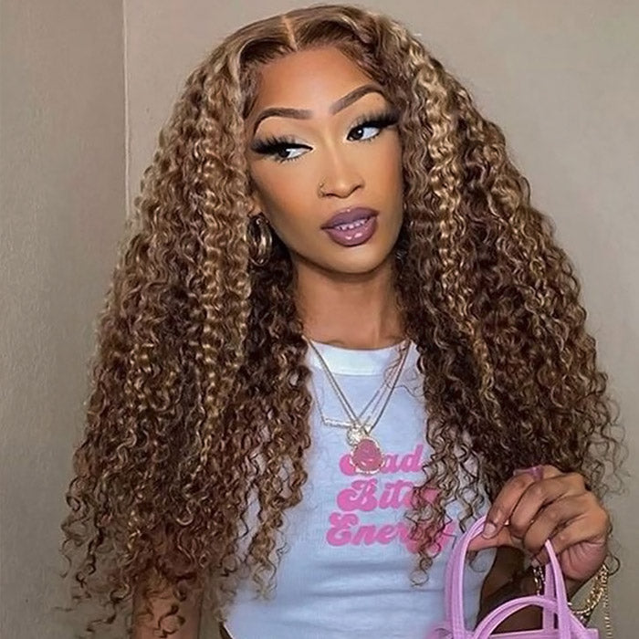 Firieya #4/27 Highlight Brown With Blonde Kinky Curly 5x5 HD Lace Closure Wig With Baby Hair Pre-plucked Natural Hairline