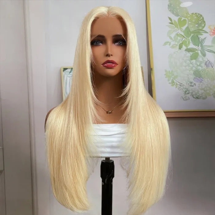 Firieya Layered Cut 613 Blonde Pre Plucked Glueless Straight 13x4 HD Transparent Lace Wigs