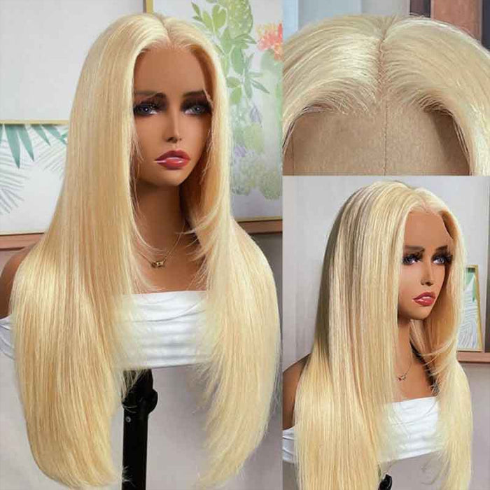 Firieya Layered Cut 613 Blonde Pre Plucked Glueless Straight 13x4 HD Transparent Lace Wigs