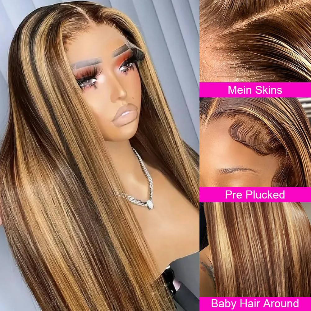 Firieya Ombre Straight P4/27 highlight Honey Blonde Balayage Color 5x5 Lace Closure Wigs Pre Plucked Human Hair Wig