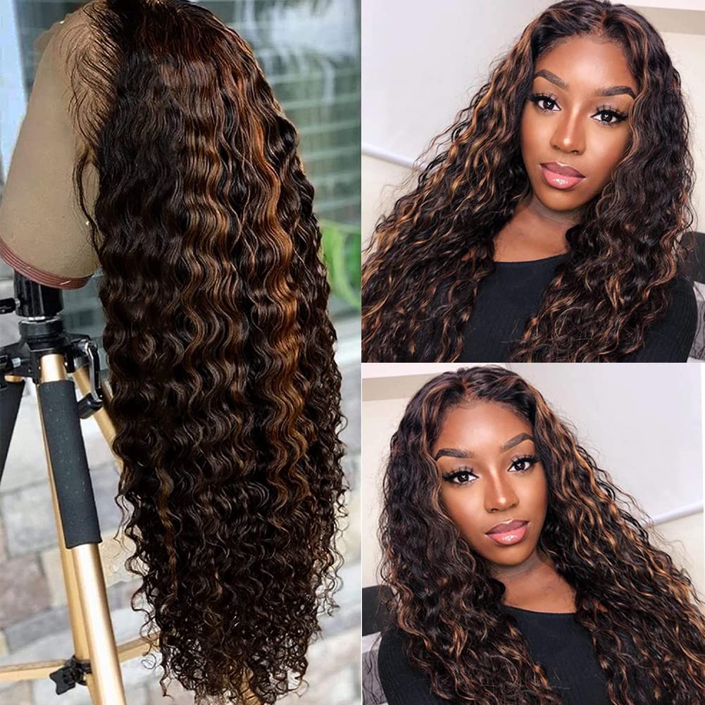 Firieya Balayage 1B/30 Highlight Deep Wave 13x4 Lace Front Wigs Black with Brown Pre Plucked Ombre Curly Wig Human Hair